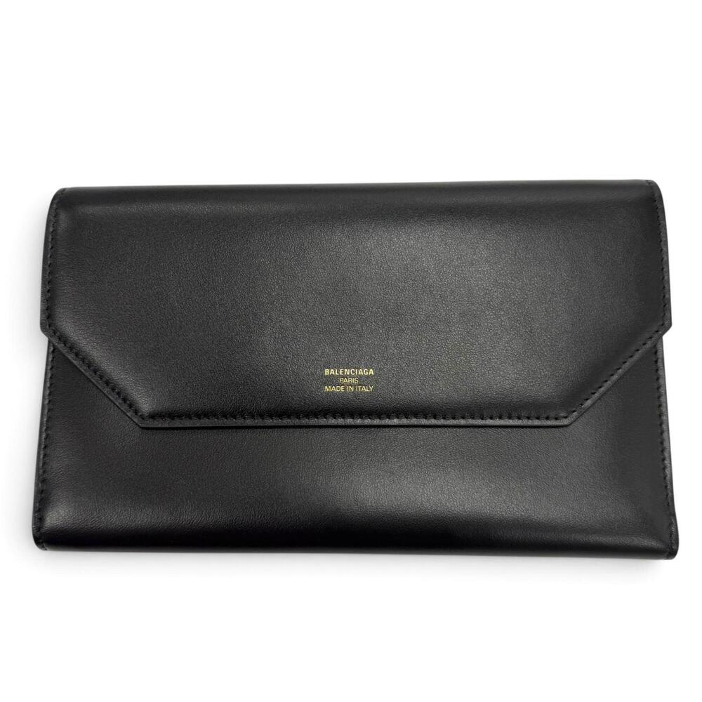 BALENCIAGA 743220 Envelope Leather Long Wallet, Black with Gold Hardware, Mad...